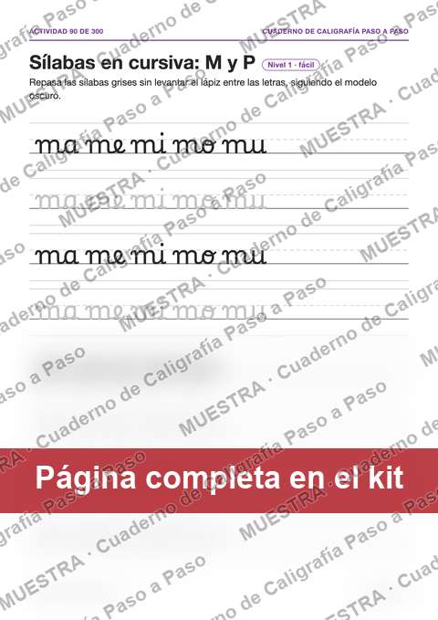 Muestra de la página del kit: Sílabas en cursiva: M y P